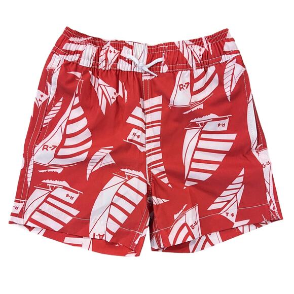 NWT J. Crew Boys' Red W/White Sailboat Print Swim Trunk - SIZE 2 - Picture 1 of 8